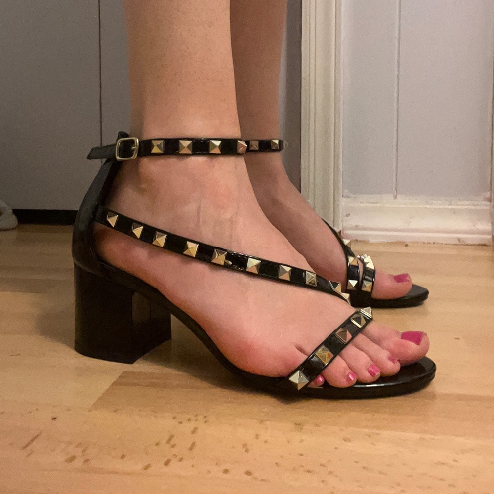 Faux patent leather studded heels